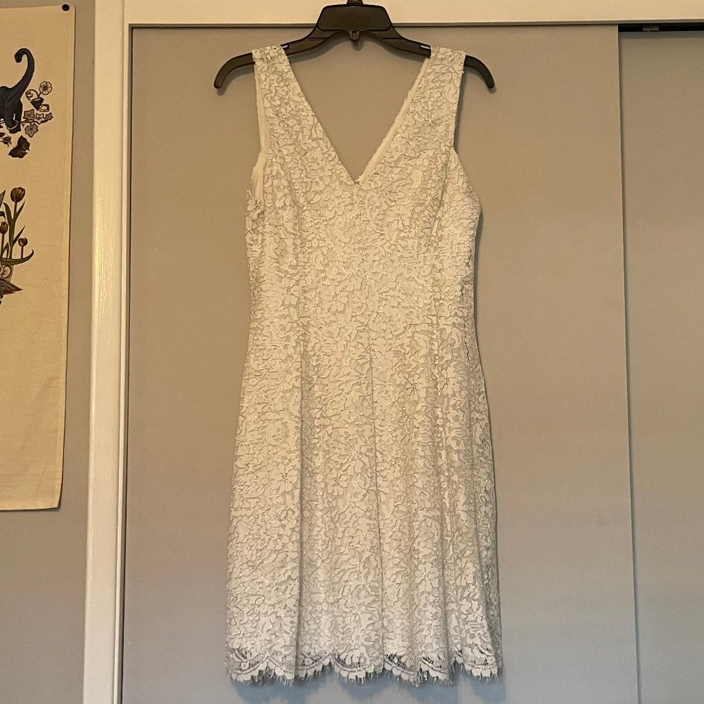 White with silver trimmed lace dress